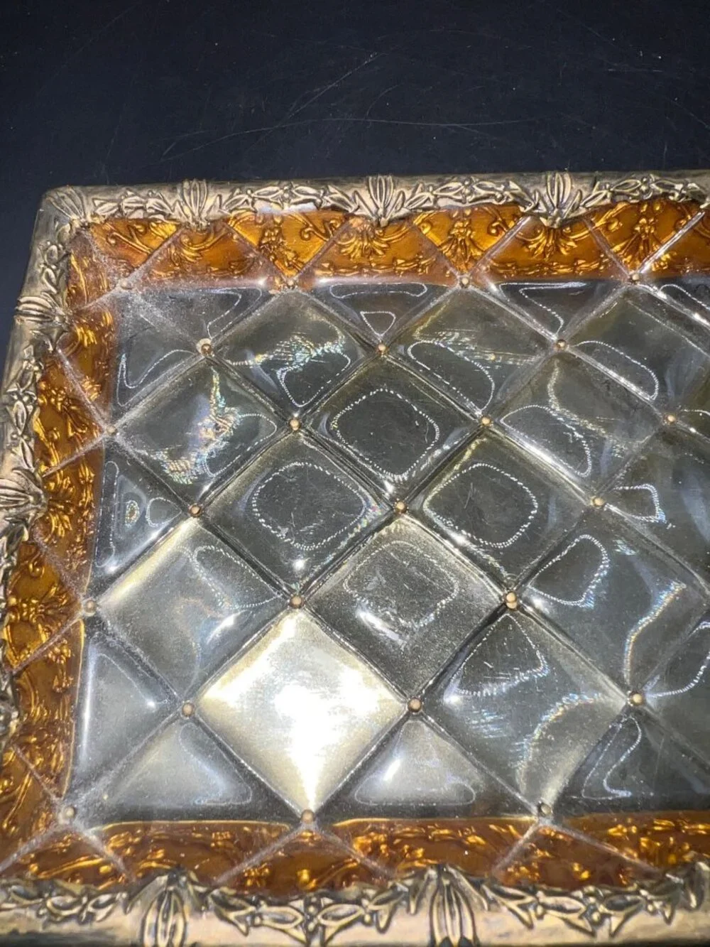 Vintage GoldTone Lucite Vanity Tray Quilted Diamond Pattern Ornate Floral Border